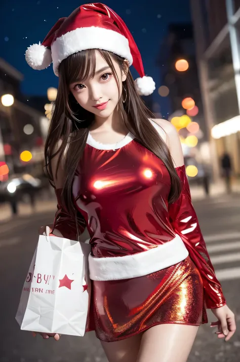 (Very beautiful cute girl), (very cute face:1.2),, (baby face),(sparking crystal clear attractive large eyes:1.2), Beautiful detailed eyes, Detailed double eyelids, (smiling), (realistic photograph:1.1), long straight hair,(Super shiny metallic red santa c...