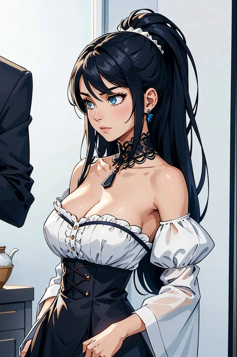  The character has a stylized appearance and contemporary .  she has long hair , with a double style :  the left half is black ,  while the right half is white .  Her hair is smooth and falls softly over the shoulders .  Her face has delicate features ,  w...