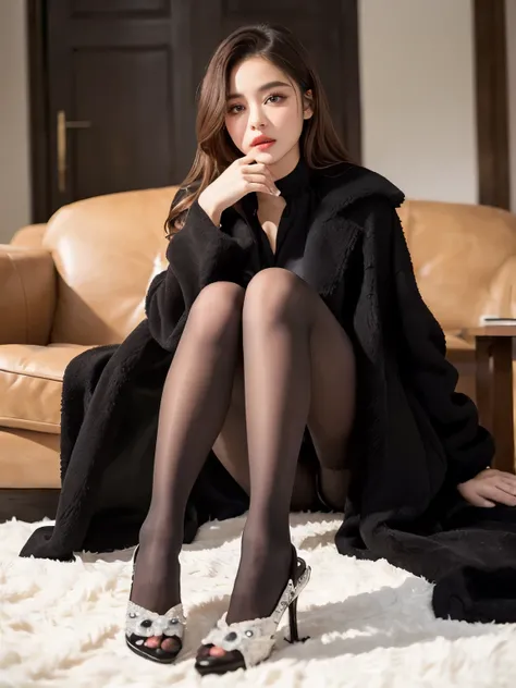 (((masterpiece))), ((( top quality: 1.4))), (( super detailed: 1.4)) ,  movie lights,
 comet 、  Long Brown Hair 、 Voluminous 、 beautiful face、 double eyelids 、 black coat 、MICRO SHOW 、( Ultra Realistic Pantyhose :1.3)、barefoot、Thighs、、 high heels,  cross y...