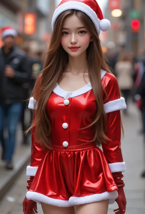 (Very beautiful cute girl), (super cute face:1.2), (baby face:1.1),(crystal clear attractive large eyes:1.2), (thirteen years old:1.1), (smiling), (realistic photograph:1.1), long straight hair,(Super shiny metallic red santa costume :1.1),Walking,Brown ha...