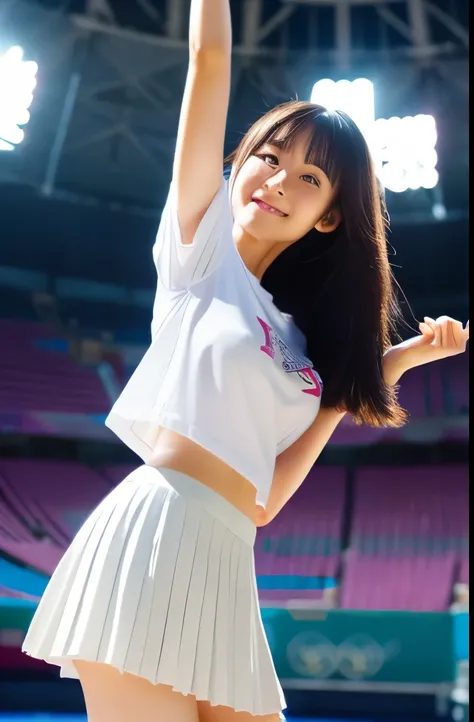 (masterpiece, highest quality:1.2), 8k, ((white plain t-shirt:1.2)), ((full body:1.2)). ((Beautiful legs:1.2)),  ((white pleated mini skirt:1.2)), (being presented medal:1.2)) ((at Olympic stadium:1.2)), ((standing on a victory stand:1.2)), ((many audience...