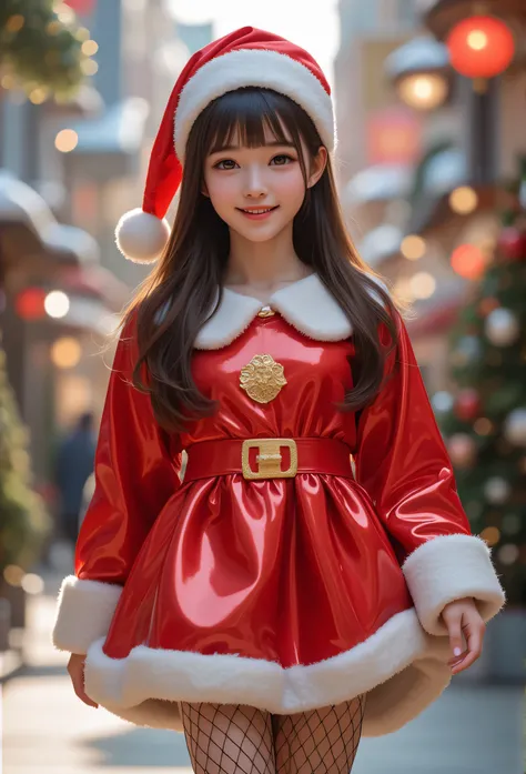 (super cute face:1.1),(sparkling clear attractive large glowing eyes:1.1), very beautiful cute japanese girl,(thirteen  years old:1.2),fair skin,(happy cheerful smile),(professional photograph:1.4) , (super shiny metallic red santa costume :1.1),Walking,su...