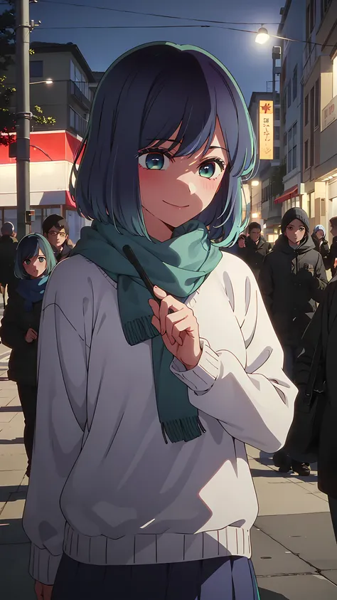 masterpiece, best quality, 1 girl, alone, smile, blushing, beautiful, white sweater, blue gins, blue scarf, blue hair, short hair, looking at viewer, green eyes, short hair, faded hair, blue eyes, street background, night