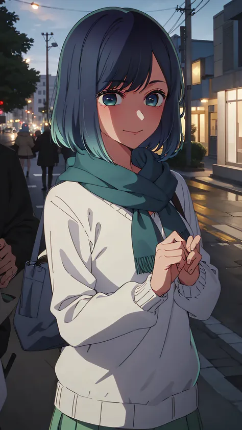 masterpiece, best quality, 1 girl, alone, smile, blushing, beautiful, white sweater, blue gins, blue scarf, blue hair, short hair, looking at viewer,pov, point of view from above, green eyes, short hair, faded hair, blue eyes, street background, night