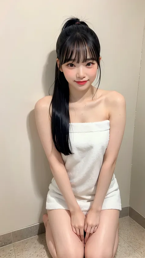 Cute idol-like face, perfect hands, Korean woman, white skin, Her hair is long and black with bangs., Reality Photography, Clear picture quality, fair skin, glowing skin, full body photo, Bathroom, Sleek and long legs, Top down view, naked towel, white tow...