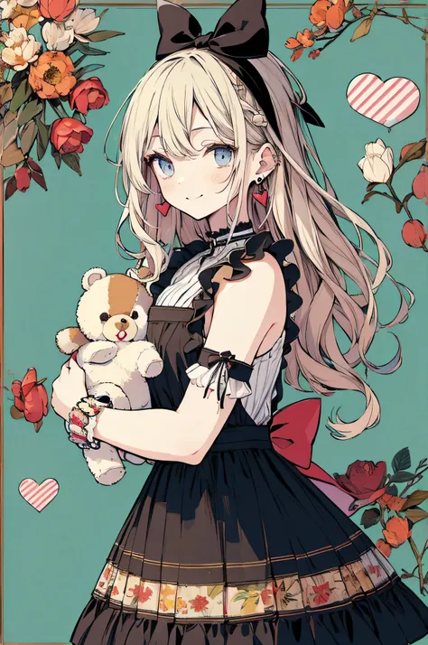 ( Masterpiece :1.2), top quality, pixib,Portrait of a sweet girl, 1 girl, teddy bear, うさぎの plush, plush, Alone, HOLDING , has , HOLDING plush, heart, bow, Hair Ornament, sign, earrings, gem, upper body, stripe , Black Headband , watching vie...