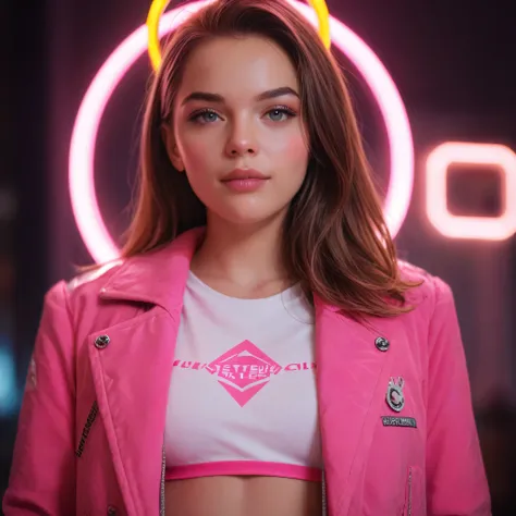 pink neon, realistic girl looking straight in the face, brown thick hair with gold on her head, halo, grey eyes, pink jacket, white t-short, neon lights, hi-tech clothes