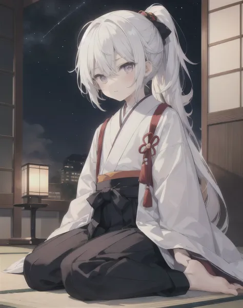 1 boy,  one boy ,130cm, Shota,  long hair,  white hair in a narrow box, Ponytail , Warring States Period ,Purple Eyes ,Old-fashioned Japanese clothing  ,Shoulder coat, Tie-up hakama, The motif is white,  watching the night sky,  cute,  full body,  sitting