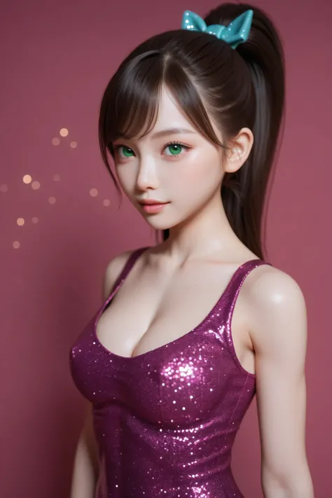 young girl, ((Japanese girl)), slender, big tits, cleavage, anime, manga, 3D, sexy, sparkles, hair oulled back tight, ponytail, (breasts and bottom covered in glitter), glitter skin, green eyes, ulzzang, Glitter Dust, masterpiece, bright colors, Shimmers, ...