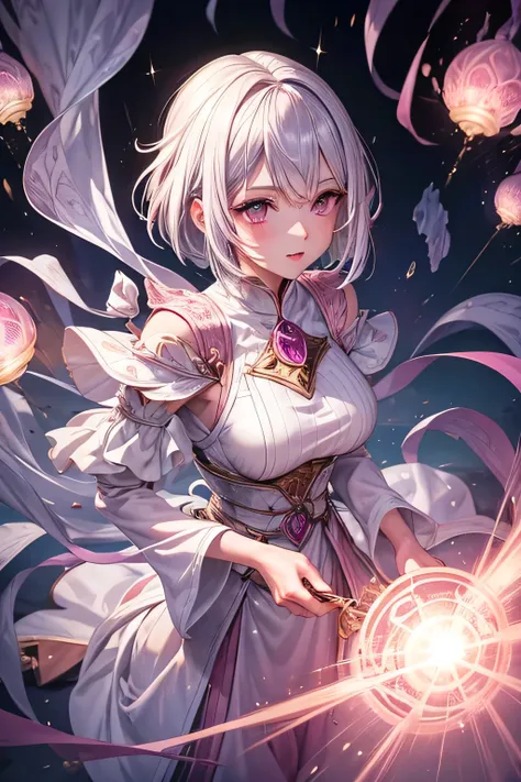  1 woman， Pinkish Silver Hair， short haired ， Inside the Dim Palace ， animated illustration，The White Mage Outfit ， ultra high resolution ， Anatomically Correct ， uses magic，