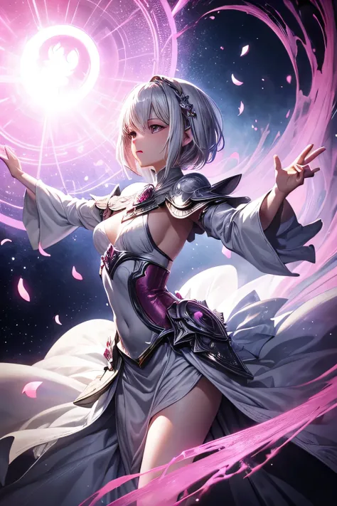  1 woman， Pinkish Silver Hair， short haired ，Inside the dark palace ， animated illustration，The White Mage Outfit ， ultra high resolution ， Anatomically Correct ， uses magic， glowing petals dance，