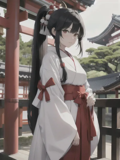  adult woman, Long hair、Shrine maiden,  kimono, White Hakama, Red Hakama,  Long Sleeve , whole body, Wide sleeve,  hakama skirt, Ponytail,  True Love,  holding a sword,  Warring States Period, Japan Pavilion 、 Black Hair ,  standing