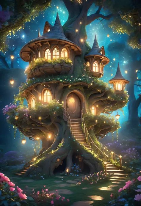 A massive, magical treehouse intricately built into the trunk of a towering ancient tree in an enchanted forest. The tree itself glows with a soft, mystical light, with windows carved into the trunk and branches forming cozy, warmly lit rooms. Twinkling fa...