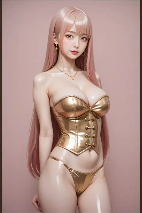 ornate gold border around all four sides, Fantasy art、((masterpiece,best quality anime,Highest quality:1.3)),realistic,portrait,1woman,(Mature Beauty),((very small head:1.4)),((very long body:1.3)),long hair,pink hair,bangs,(gorgeous big eyes),gold eyes, u...