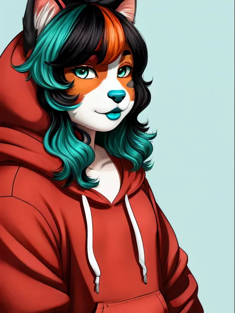 anthro, furry, Overweight, calico cat girl, short curly multicoloured grey white black orange hair, teal and white highlights hair, blue lipstick, oversize dark red hoodie, 