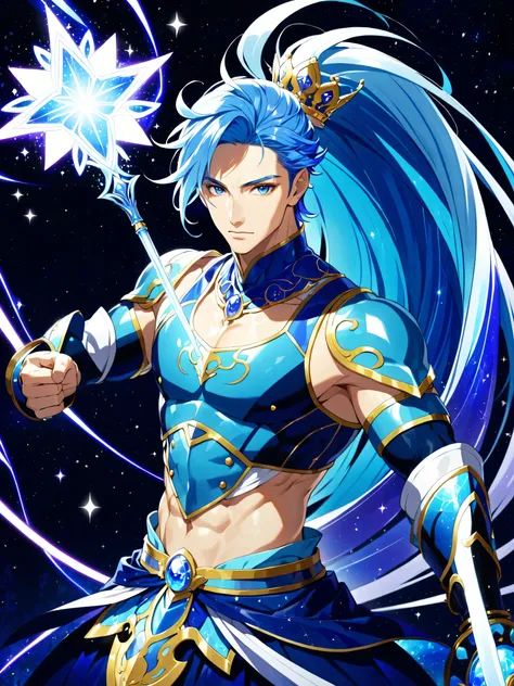 score 9 ,score 8 up, score 7 up, 1boy,  blue haired cartoon male character closeup, Beautiful Celestial Mage, shell, pearl, Heavenly Aura, Alone, purple cyan long haired boy , high ponytail hair, multicolored hair, two tone hair, streaked hair, Braided ban...