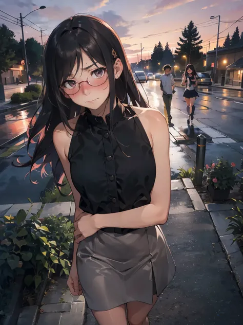 Anime - Illustration of a woman in high school clothes, sleeveless shirt:1.5, anime character, official character art, neat and serious, full body, female anime girl, Posing:1.5, dark long hair, parted bangs, glasses, (Tanned:1.0), Looking at camera, (Emba...