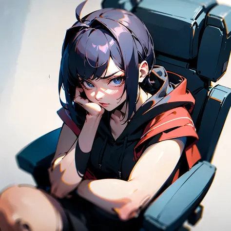 Generate a 8k super high resolution anime gamer girl. Make the picture very detailed. make her around 30 year old . With a sexy body, wearing a black skirt. Looking intense. and make her very attractive. She is wearing a head phone. She is sitting on a gam...