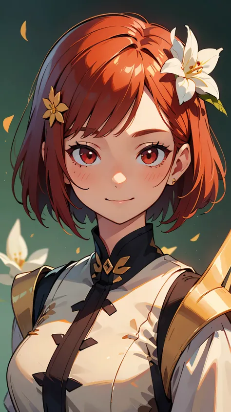  one girl、solo、 upper body close-up 、Red eyes、Shiny orange hair 、 bob hair、Red hair ornament、smile、wallpaper、 very detailed 、((( very detailed な目と顔)))、​​Best Quality、 Realistic Portraits、Complex clothing、 very detailed 、 Dynamic Angle 、 the most beautiful ...