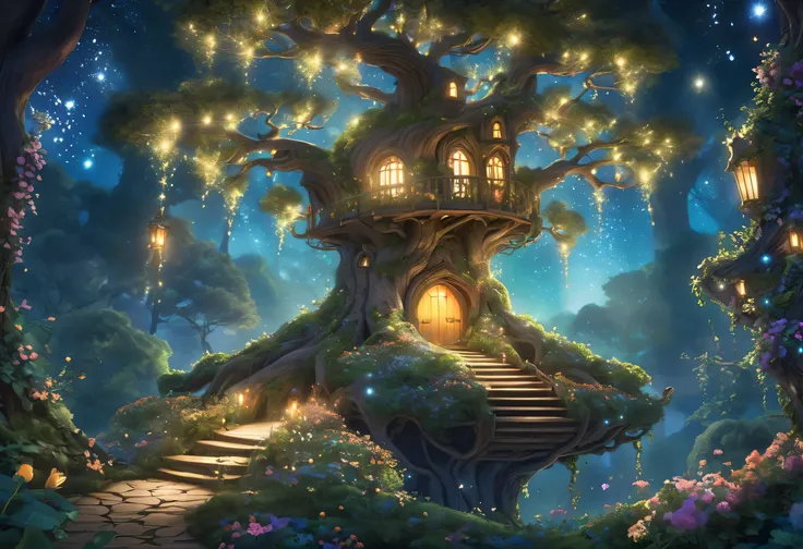 A massive, magical treehouse intricately built into the trunk of a towering ancient tree in an enchanted forest, presented in a wide, horizontal format. The glowing tree stretches across the scene, showcasing its sprawling branches and warmly lit windows c...