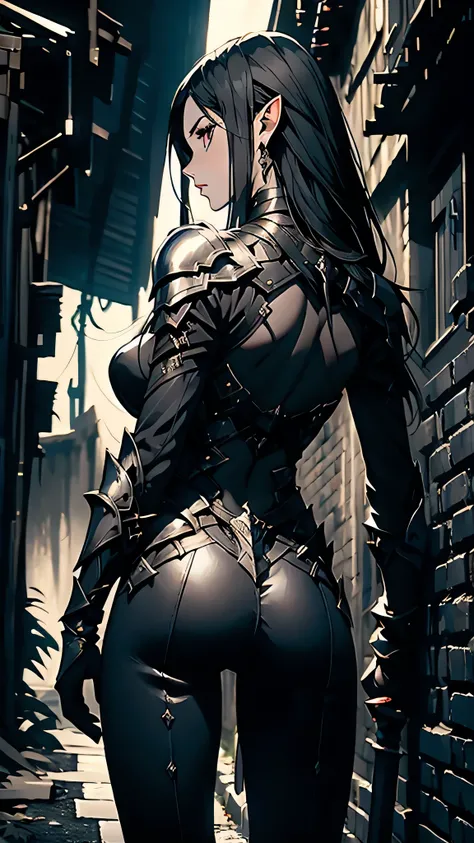 woman, black hair, light armor, pale skin, pointy ears, black theme, dagger, back alley grounds, night time,