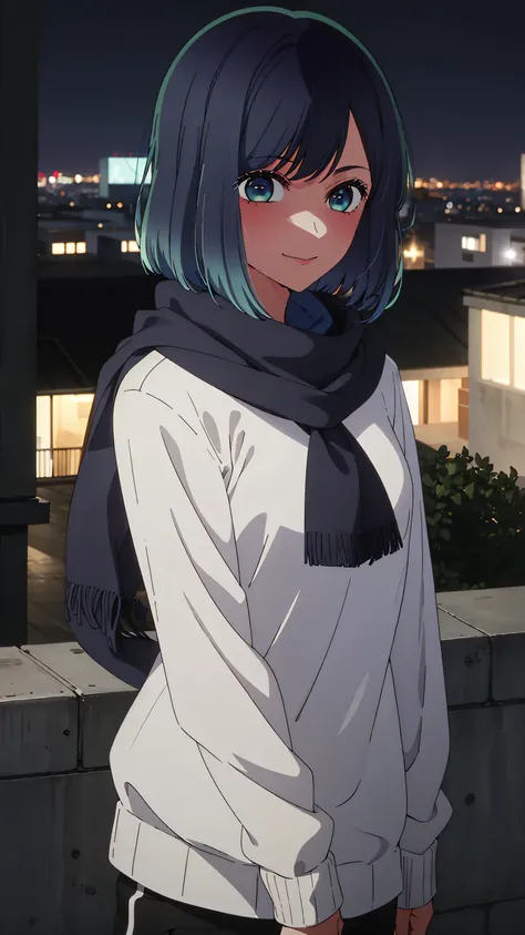 masterpiece, best quality, 1 girl, alone, smile, blushing, beautiful, white sweater, black pants, blue scarf, blue hair, short hair, looking at viewer,pov, point of view from above, green eyes, short hair, faded hair, blue eyes, street background, in the n...