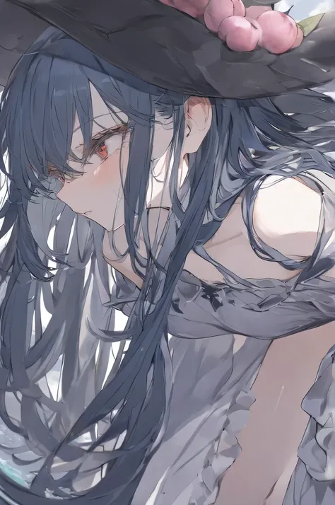 Boutique， Top Quality ， best quality， Official Art ，Cool, beautiful, and picky ，Very detailed（Fractal Art 1.2），The most detailed， a girl ， expressionless face ，Dark blue long hair ，wearing witch hat， dark red eyes ,is partially drawn outside the background...