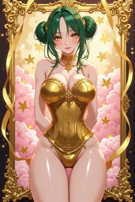 ornate gold border around all four sides, Fantasy art、((masterpiece,best quality anime,Highest quality:1.3)),realistic,portrait,1woman,(Mature Beauty),((very small head:1.4)),((very long body:1.3)),green hair, hair buns,(gorgeous big eyes),gold eyes, ulzza...