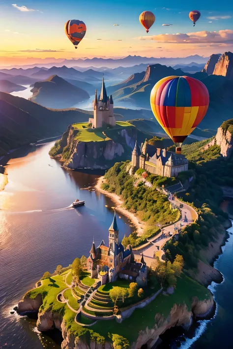 Vibrant fantasy landscape with a majestic castle perched on a floating island, surrounded by colorful hot air balloons and mythical creatures flying in a sunset sky. Highly detailed, whimsical style, rich colors, perfect for a challenging 1000-piece jigsaw...