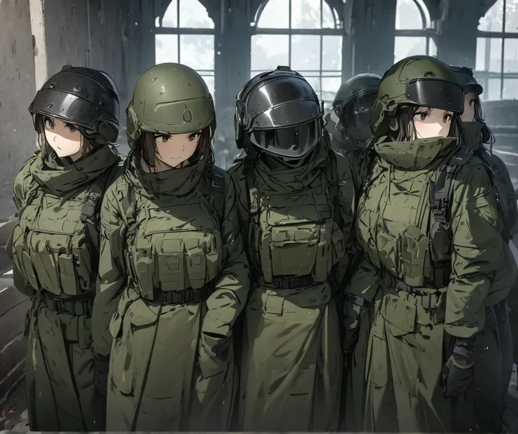  four female soldiers in dark green military coats、tactical helmet 、Magazine Pouch、Tactical shoulder strap、Elbow pads、Winter gloves 、 standing side by side 、Standing posture、Write details、masterpiece、 is the best quality、High precision CG 、8K Picture Quali...