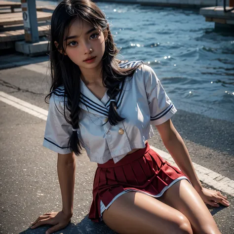  1 girl, high definition ,  High Quality ,  Masterpiece  , white sailor suit, red ribbon,  braided ,Super beautiful girl,dark skin, enchanting face 、 Highly Detailed Faces、 perfect face、golden balance,Professional photography,In the city, mini pleated skir...