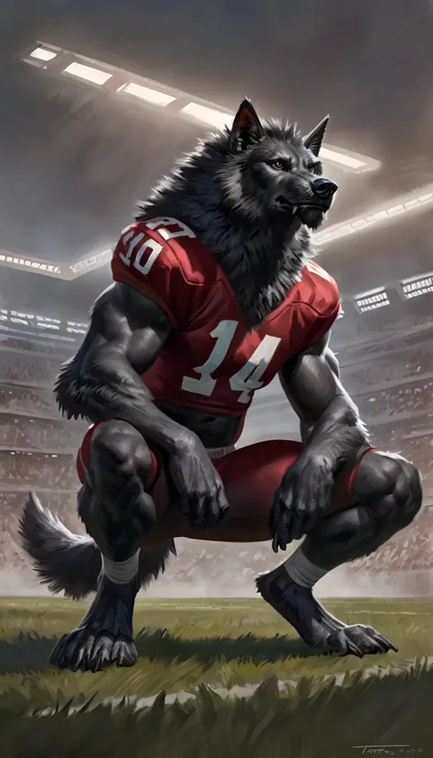 Black werewolf anthropologist Furry Caballero , alone,    arrogant expression,    masterpiece   , The best art,    full body , By Taran,    detailed eyes,    detailed body, claws, high, Pecs,    Abdominals   ,   squatting posture ,  legs spread  ,  wearing...