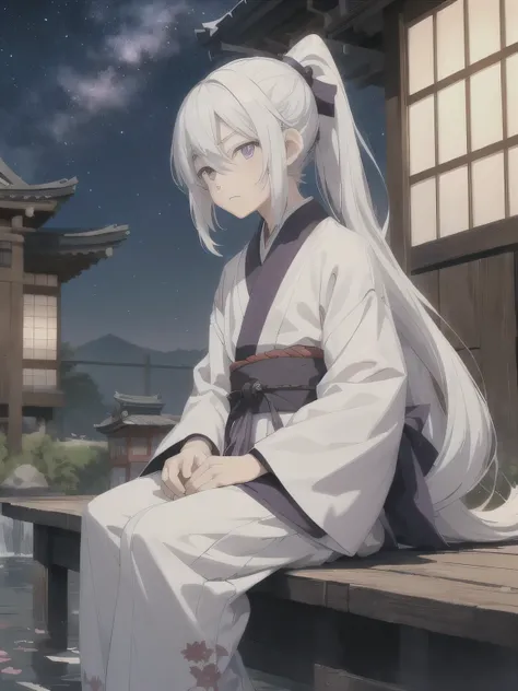 1 boy,  one boy ,130cm, Shota,  long hair,  white hair in a narrow box, Ponytail , Warring States Period ,Purple Eyes , old Japanese clothing motifs are white,  watching the night sky,  cute,  full body ,  sitting, rens water drying 