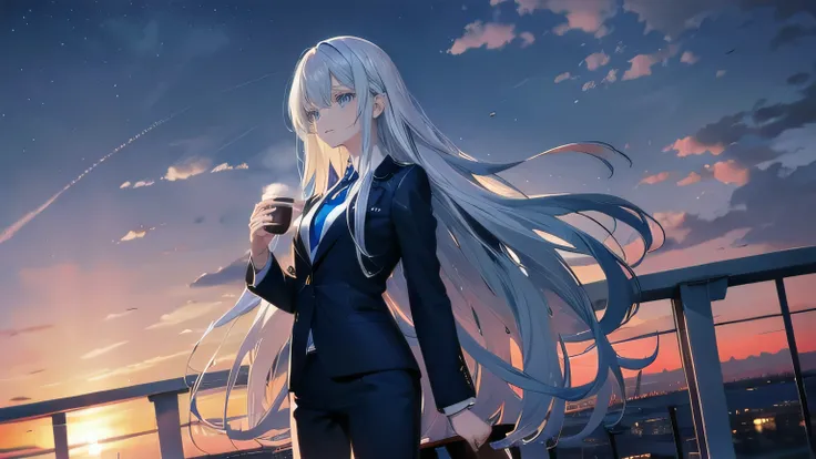 (masterpiece), (best quality), ultra detailed, finely detailed color, cenematic painting, bishoujo, ((one lady)), teenager, cute face, white hair, absurdly long hair, straight hair, ((deep blue eyes:1.5)), (holding coffee:1.4), ((business suit:1.5)), black...