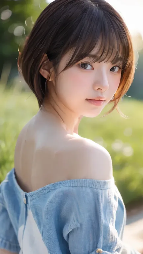 (8k、 RAW photos 、 top quality)、( realistic 、 Photorealistic:1.37)、Beautifully detailed face、Detailed texture of face、  streaming video with fine, beautiful skin、 skin texture、 Ultra A High Resolution、White off-shoulder blouse、 denim miniskirt 、 amazingly c...