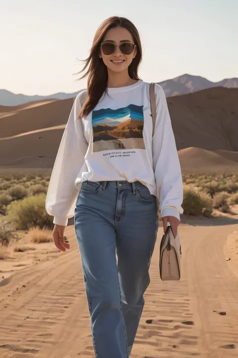 ((Best quality)), ((masterpiece)), ((realistic)), ((Best quality)), ((masterpiece)), ((realistic)), Girl walking in desert, looking tired, wearing Loose-fitting clothing Long-sleeved shirts and pants, Headgear, Sunglasses, very beautiful, in a natural and ...