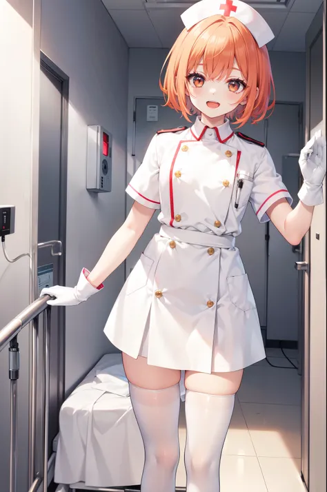 1boy, solo, male focus, nurse, white nurse cap, white nurse uniform, ((white legwear, zettai ryouiki)), white gloves, short hair, orange hair, smile, open mouth, standing, ((hospital room)), sharp outline, short sleeves, shota, 12yo, best quality, masterpi...