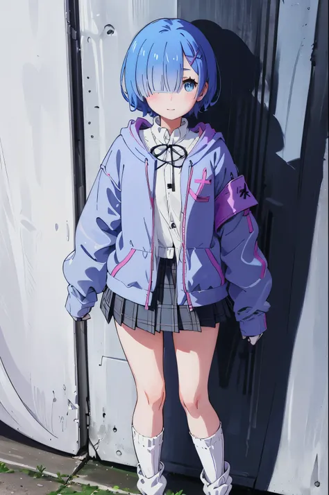 Underwear is visible、 blue hair、 angle from below、 random pose 、hair over one eye、 short haired 、 blue hair、break ((outerwear is light pink hoodie jacket in soft cotton fabric, long sleeves, Zip):1.3), (inner wear is a white collared-shirt , front buttons:...