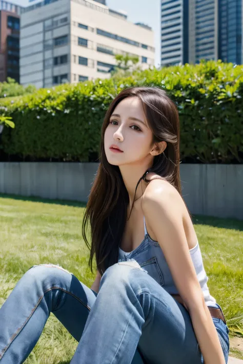 1 (wearing jeans комбинезон:1.3), Lie down on the grass, upper chamber, Sharp Focus, Beautiful, skinny,professional lighting,city,visualized eyes,tall body,adult woman,hair ornament,most viewed instagram,official wallpaper, official art,(k-pop idol), half-...