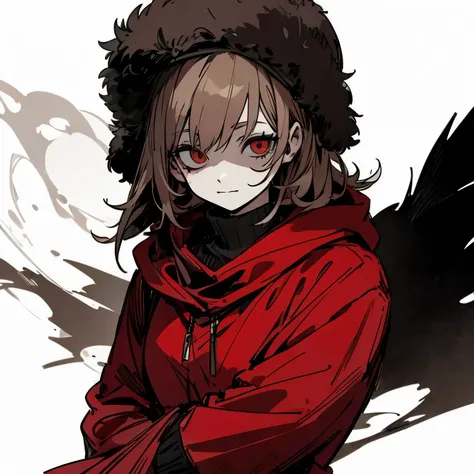 Appearance: {Red eyes}, {Short brown hair}, {Russian-style fur hat}, {Face bandage}, {Black marking under the eyes}
Expression: {Worn-out smile}, {Hollow gaze}, {Crooked lips}
Clothing: {Red hooded jacket}, {Brown fur trim}, {Black knit sweater}
Art Style:...