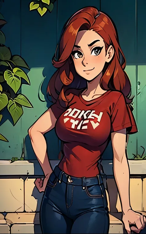 Teenager Outside school, wall, ivy covering, red t-shirt with yellow"geek" text. Tight blue pants. Brown hair, brown eyes, medium breasts.