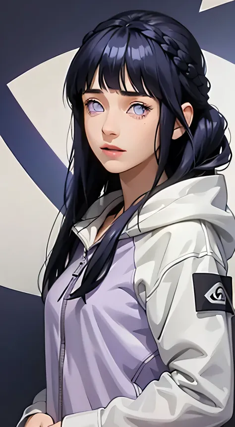 masterpiece, best quality, ultra-detailed, illustration,1girl,
long hair, dark blue hair, french braid, purple eyes, blunt bangs, 
Wearing Streetwear Hoodie, stylish,
medium breast,  
looking at viewer, hinata(shippuden)