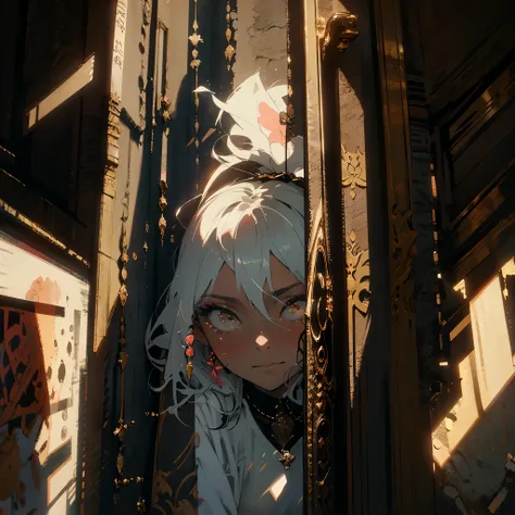 Close-up art portrait , In an ancient castle, A beautiful transparent ghost girl stands by the window in a black blanket at night , a girl with a hair band looks out the window hoping to see her lover , One, 1 girl, masterpiece fails, very detailed ...