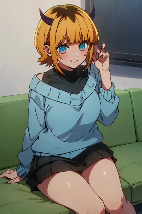 NSFW,masterpiece, top quality, high definition , very detailed ,Memucho, short haired 、 blonde hair 、 multicolor hair 、Aqua Eye、 dull bangs、horn,( blue sweater that tilts forward :1.2)、 black shirt 、 shoulder out、 black skirt,office,Sofa,blush,smile