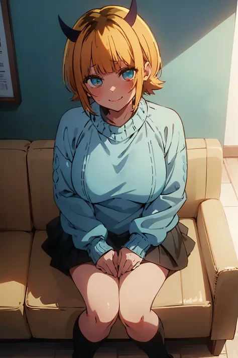 NSFW,masterpiece, top quality, high definition , very detailed ,Memucho, short haired 、 blonde hair 、 multicolor hair 、Aqua Eye、 dull bangs、horn,( blue sweater that tilts forward :1.2)、 black shirt 、 shoulder out、 black skirt,office,Sofa,blush,smile