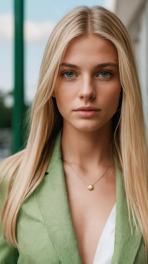 photo of a blonde girl, 20 years, large and pronounced bust, long straight hair, green eyes, with green Tie and shorts