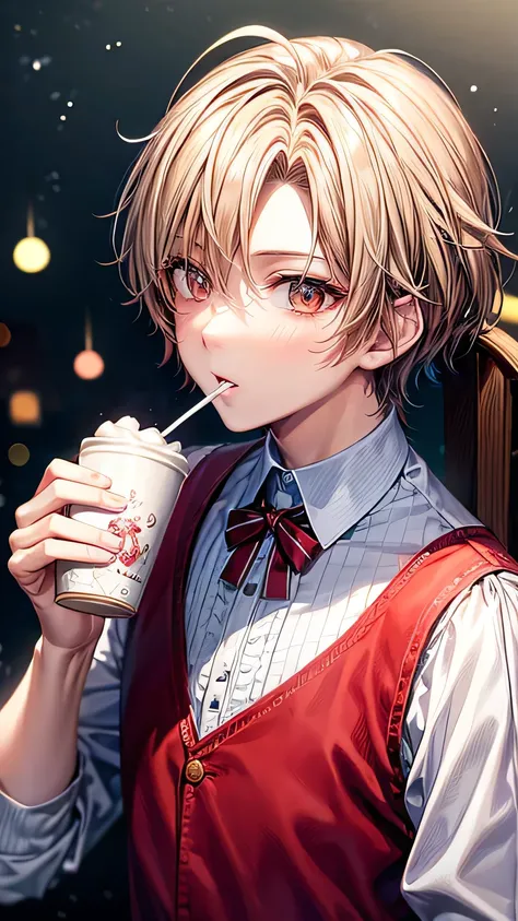  top quality、 highest resolution、 Masterpiece 、Idolish 7、Handsome idol character wearing Santa Claus clothes 、 is drinking hot chocolate with marshmallows、 Christmas