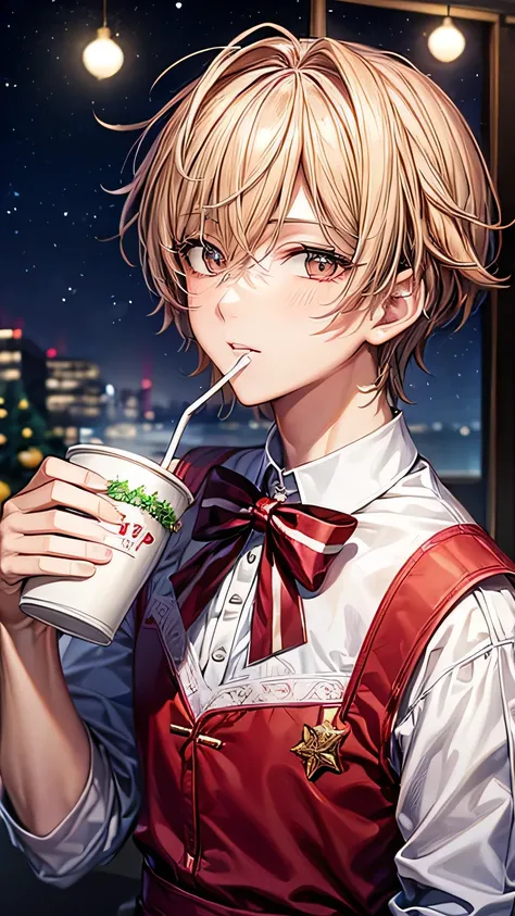  top quality、 highest resolution、 Masterpiece 、Idolish 7、Handsome idol character wearing Santa Claus clothes 、 is drinking hot chocolate with marshmallows、 Christmas