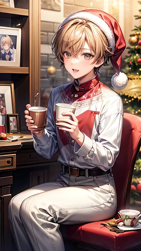  top quality、 highest resolution、 Masterpiece 、Idolish 7、Handsome idol character wearing Santa Claus clothes 、 is drinking hot chocolate with marshmallows、 Christmas