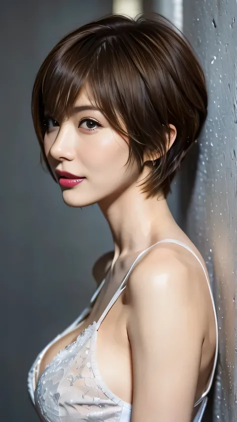  very detailed,  Masterpiece  ,  top quality,  photorealistic,  tall and thin, detailed face ,  beautiful eyes,Very sensual face,  sensual red thick lips , ( facing forward),  toned and beautiful body, (overly saggy big breasts)、 ((Light brown hair 、 pixie...